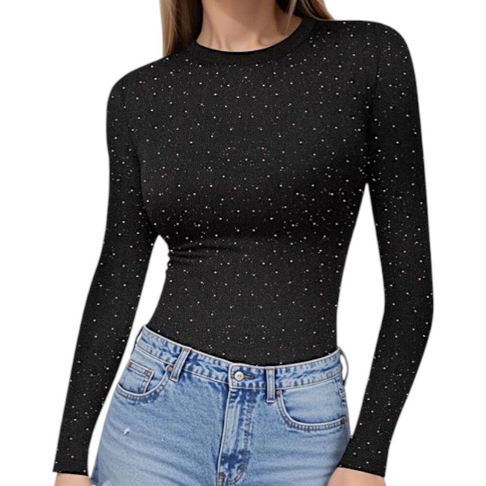 Women's Black Rhinestone Fitted Long Sleeve Shirt Size M